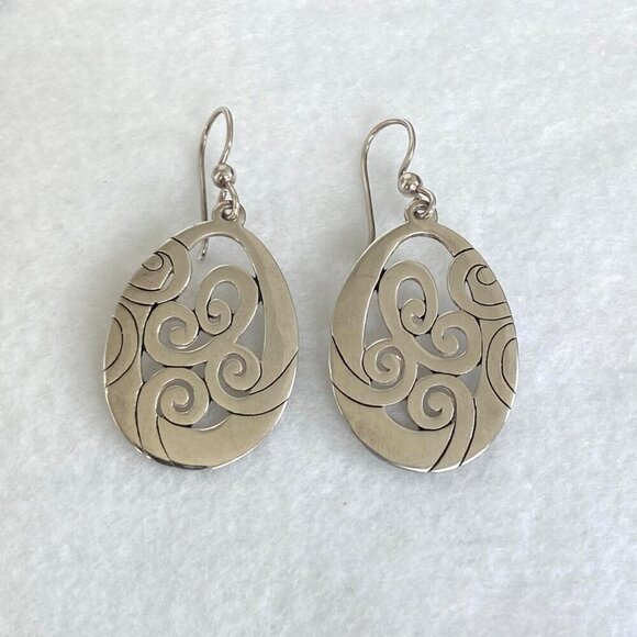 Solid Sterling Silver 925 Thailand Open Scrollwork Teardrop Dangle Drop Earrings - Picture 2 of 16